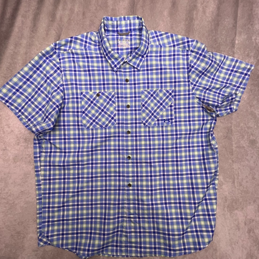Under Armour Button Down Mens 2XL Blue Plaid Excellent HeatGear Short Sleeve